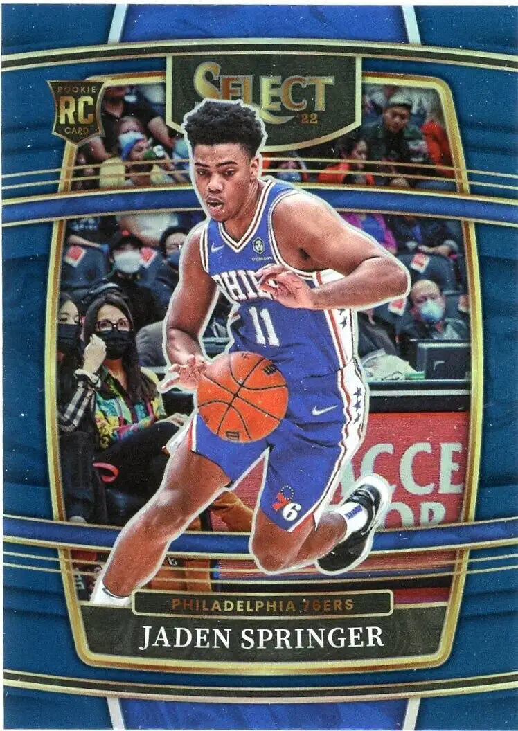 Jaden Springer Blue Prizm Rookie Card from 2021-22 Panini Select Philadelphia 76ers