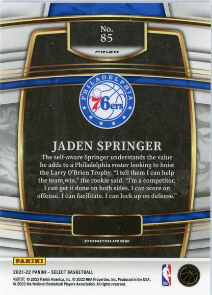 Jaden Springer Blue Prizm Rookie Card from 2021-22 Panini Select Philadelphia 76ers