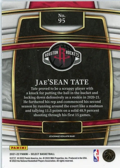 Back of 2021-22 Panini Select Jae’Sean Tate Houston Rockets Basketball Card #95