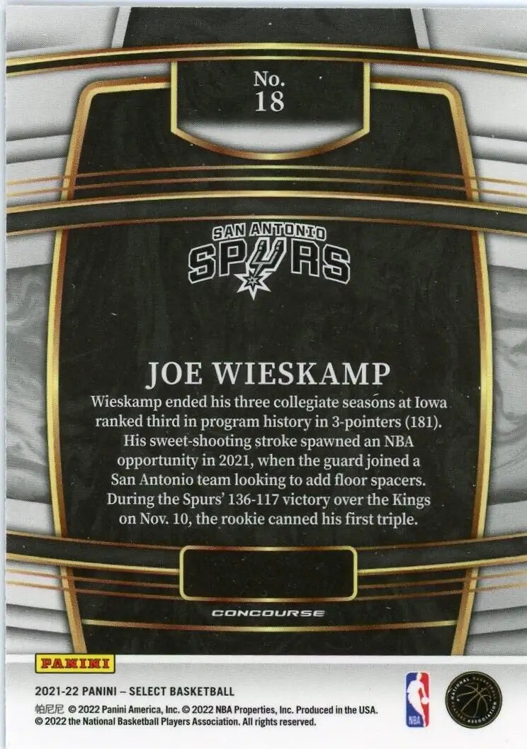 Joe Wieskamp Rookie basketball card from San Antonio Spurs 2021-22 Panini Select