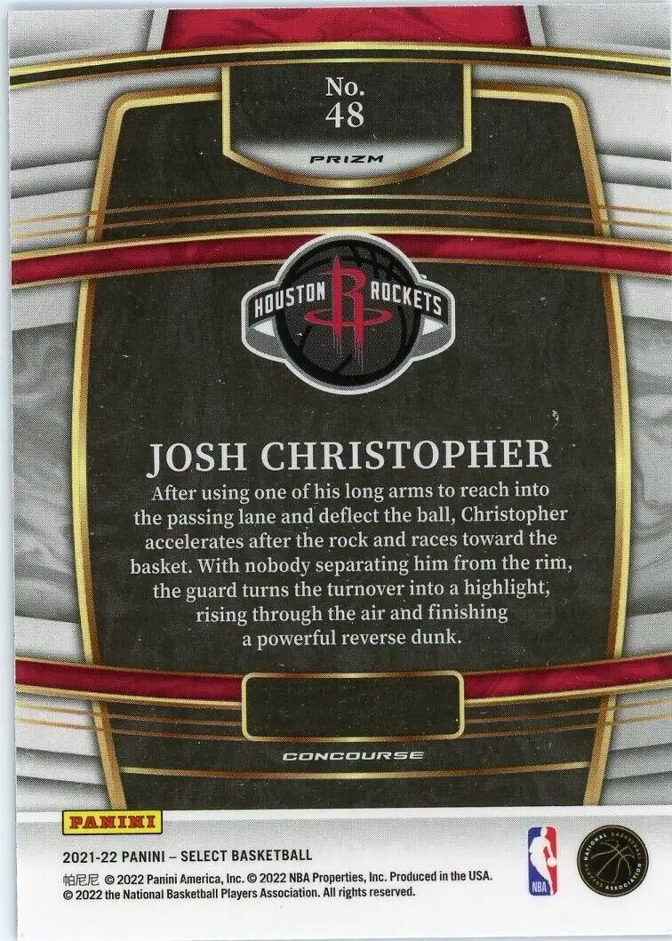 Basketball card back of 2021-22 Panini Select Josh Christopher Blue Prizm Rookie