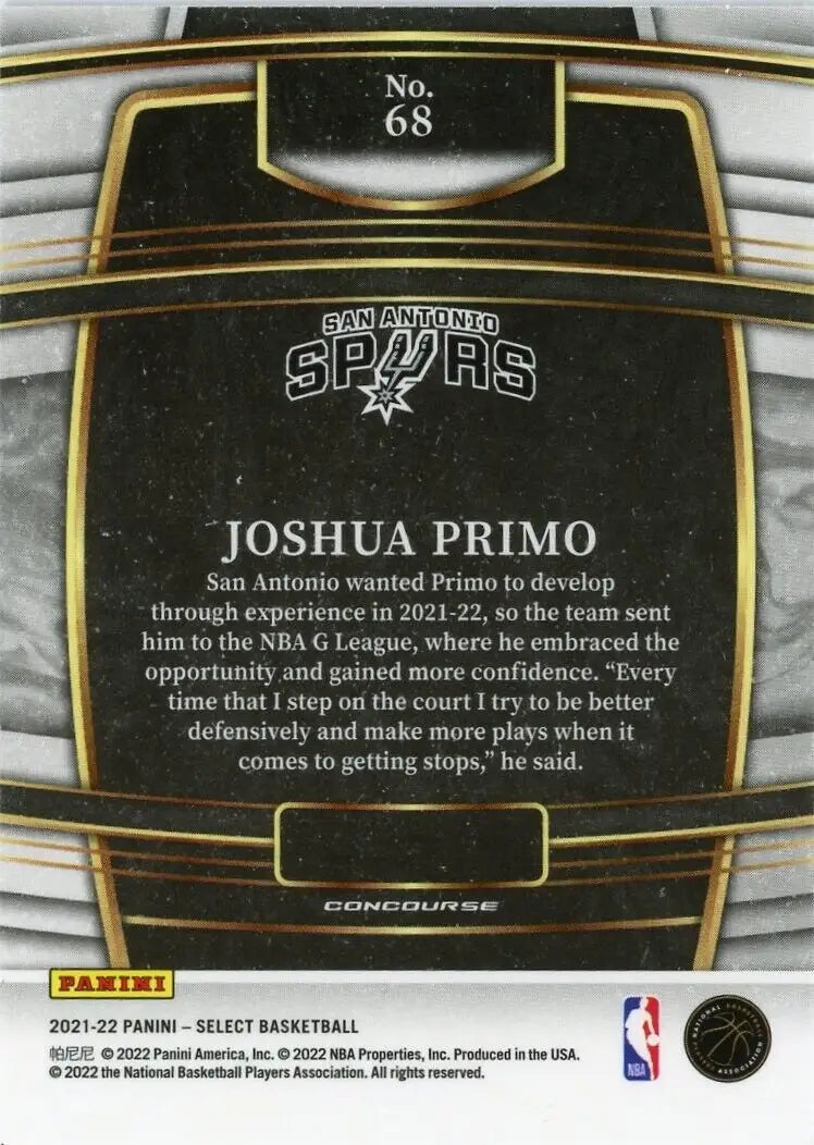 Basketball card back of Panini Select Joshua Primo Rookie San Antonio Spurs NBA #68