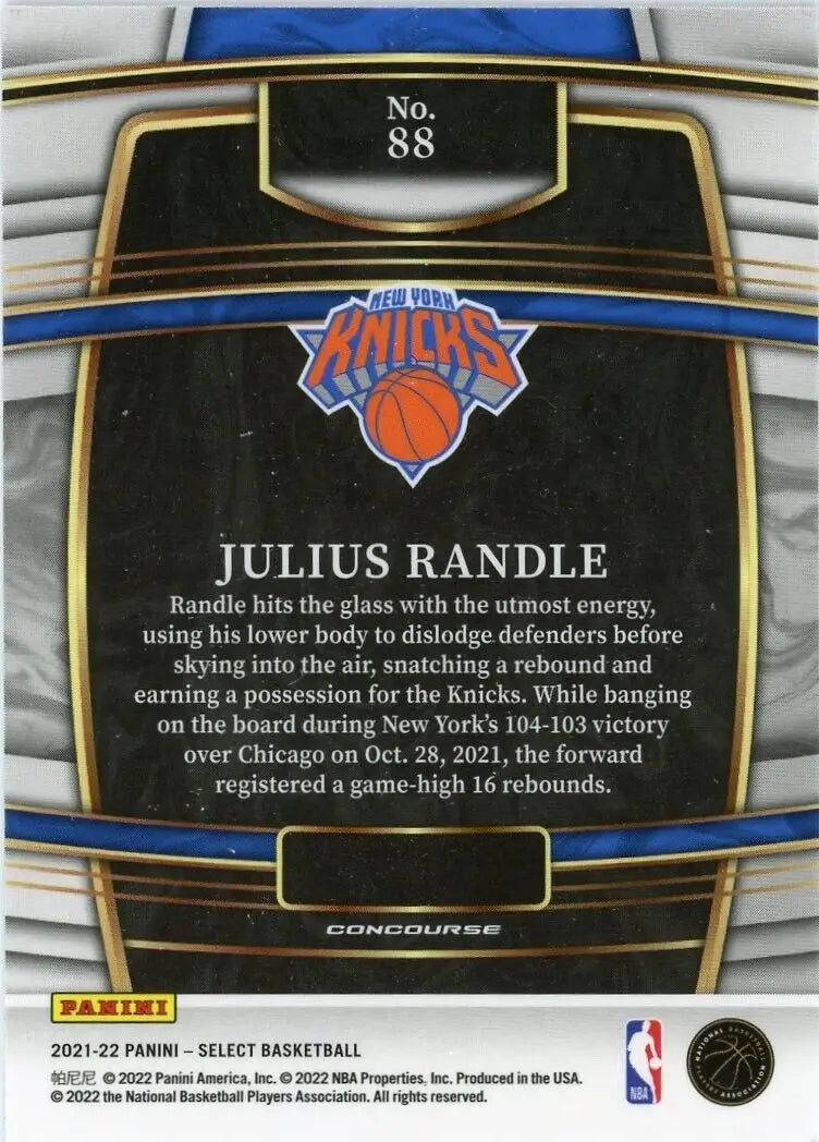 Back of the 2021-22 Panini Select Julius Randle New York Knicks Basketball card #88