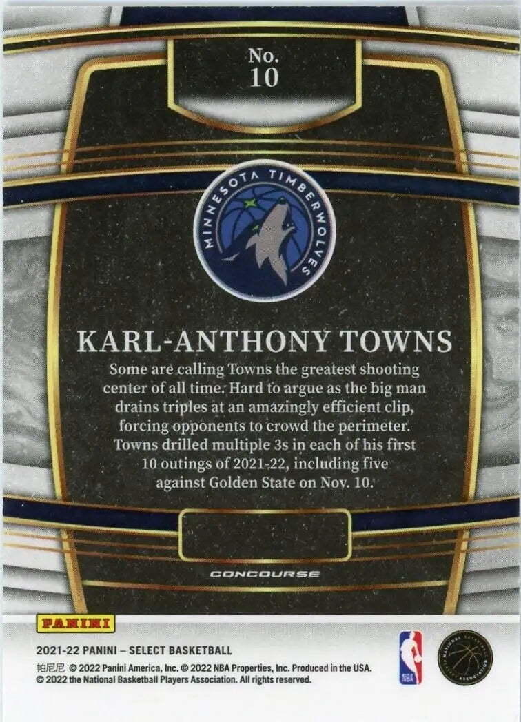 Back of 2021-22 Panini Select Karl Anthony Towns basketball card for Minnesota Timberwolves