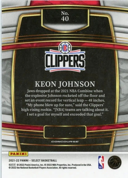 Back of 2021-22 Panini Select Keon Johnson Rookie card featuring Los Angeles Clippers