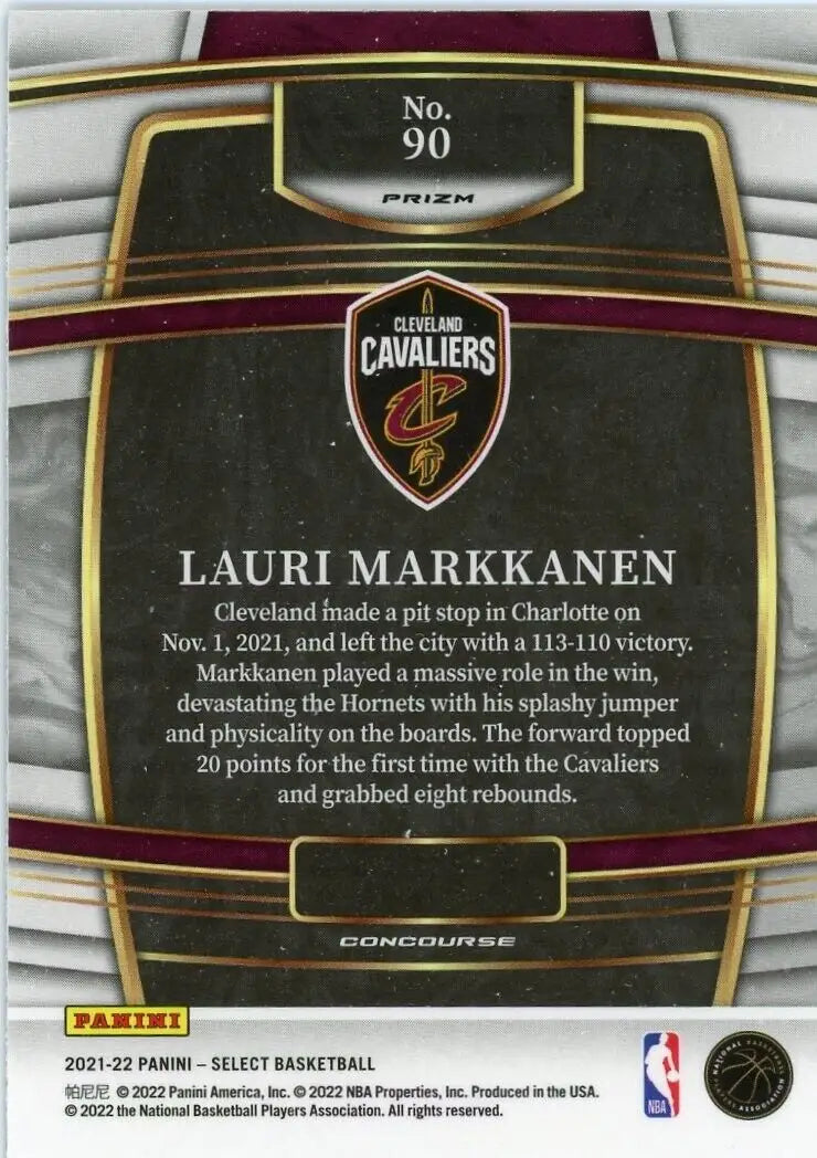 Basketball card back of 2021-22 Panini Select Lauri Markkanen Blue Prizm Cleveland Cavaliers