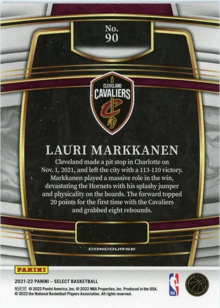 Basketball card back of 2021-22 Panini Select Lauri Markkanen Cleveland Cavaliers #90