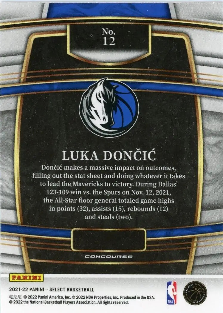 Basketball card back of 2021-22 Panini Select Luka Doncic Dallas Mavericks NBA #12