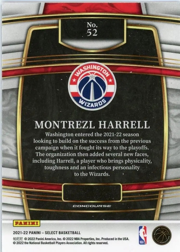 Back of 2021-22 Panini Select Montrezl Harrell Washington Wizards Basketball Card