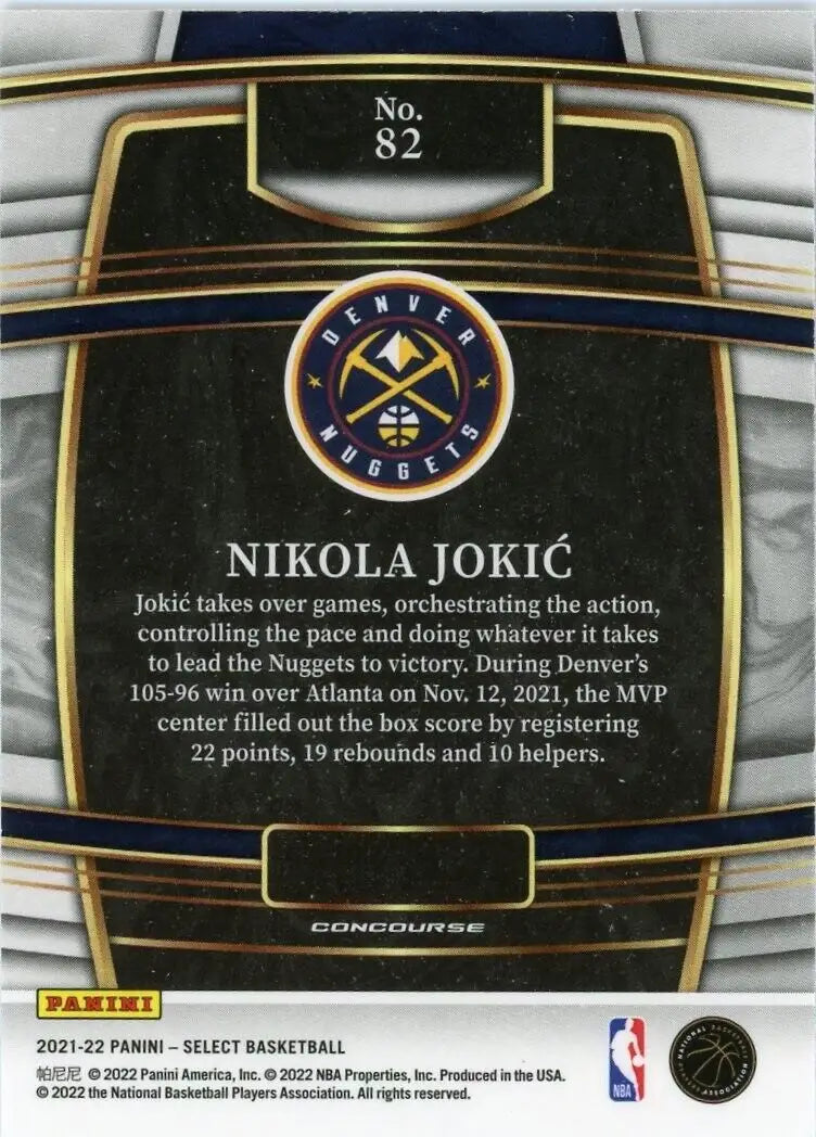 Nikola Jokic Denver Nuggets basketball card from 2021-22 Panini Select #82