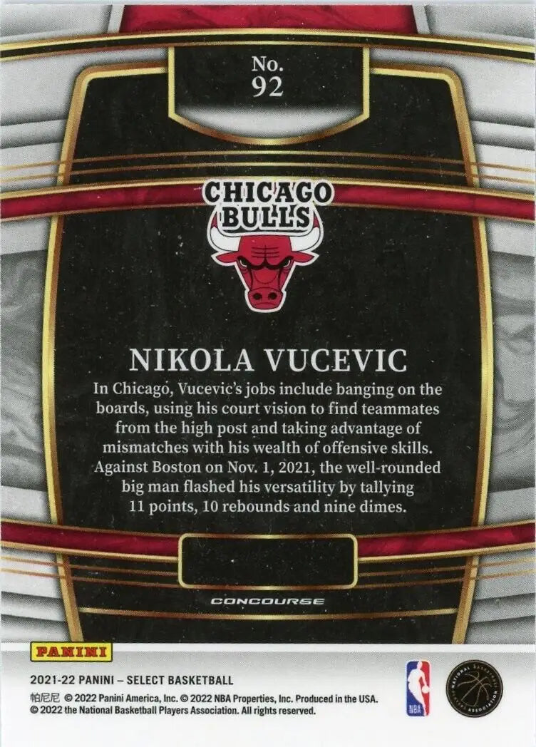 Basketball card back of 2021-22 Panini Select Nikola Vucevic Chicago Bulls #92