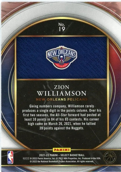 Zion Williamson basketball card from 2021-22 Panini Select Numbers series