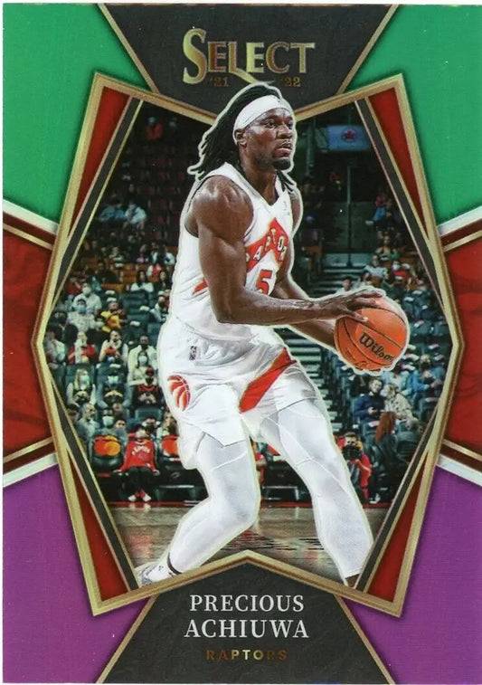 Precious Achiuwa Green White Purple basketball card from 2021-22 Panini Select