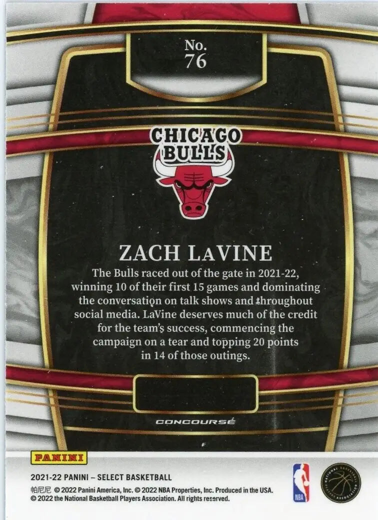 Zach LaVine Chicago Bulls basketball card from 2021-22 Panini Select NBA #76