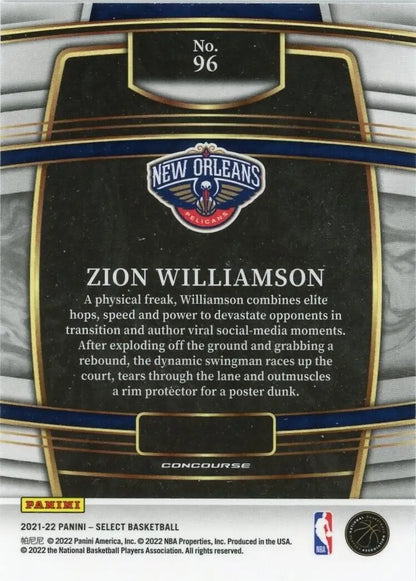 Back of 2021-22 Panini Select Zion Williamson New Orleans Pelicans Basketball Card