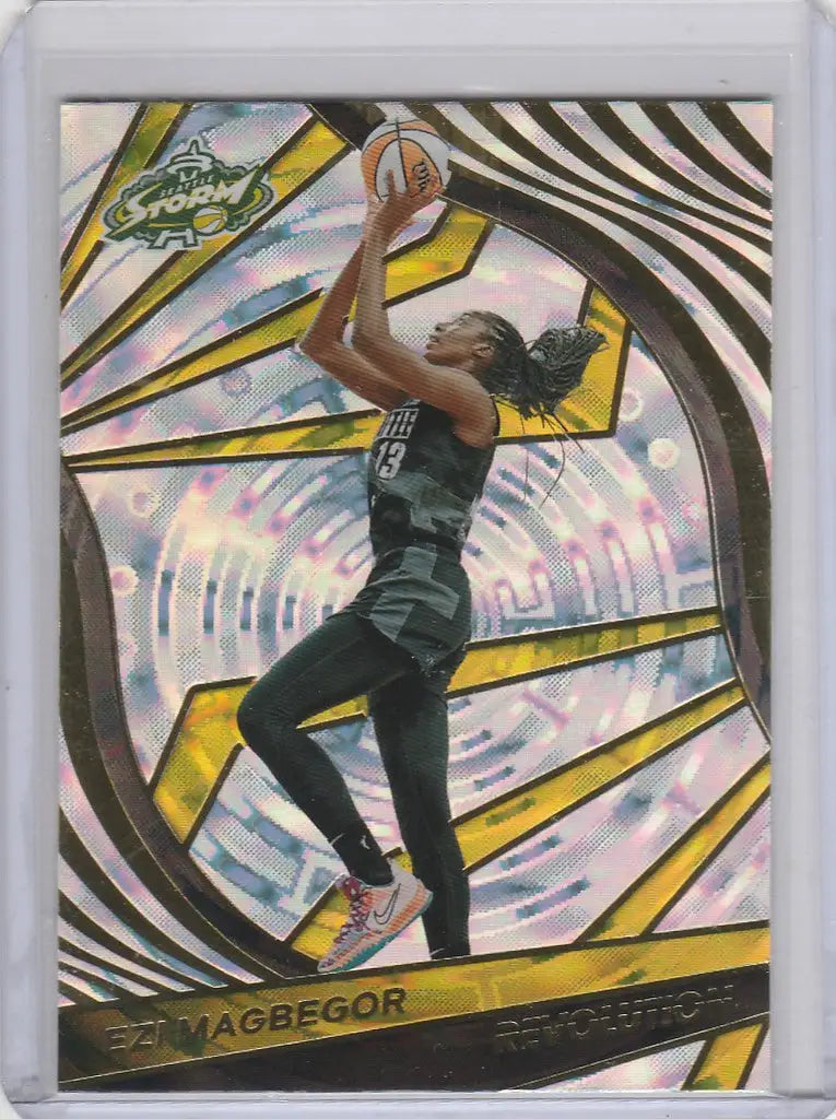 Basketball player Ezi Magbegor leaping with ball, showcasing WNBA Revolution Fractal