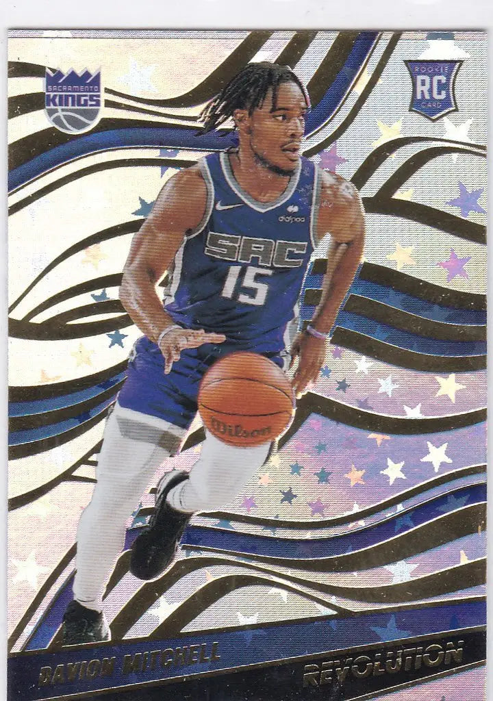 Basketball trading card of Davion Mitchell Astro RC from Sacramento Kings in blue jersey