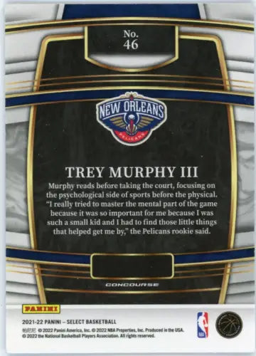 Back of 2021-22 Select Blue Trey Murphy III Rookie New Orleans Pelicans Card NM-MT