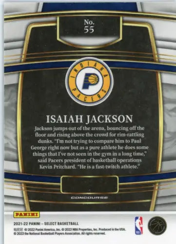 2021-22 Select Blue Isaiah Jackson Rookie Indiana Pacers Basketball Card NM-MT