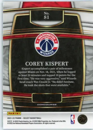 Basketball card back of 2021-22 Select Blue Corey Kispert Rookie Washington Wizards