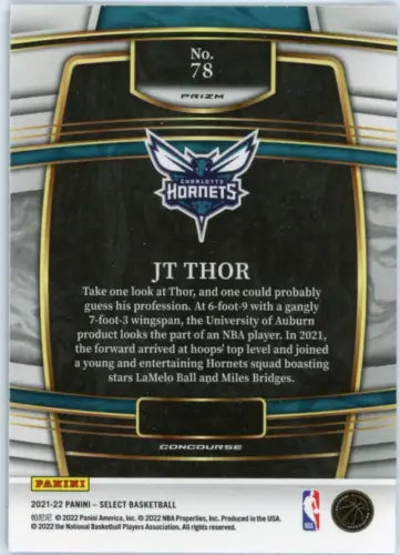 JT Thor Rookie Charlotte Hornets card in Blue Shimmer from 2021-22 Select series