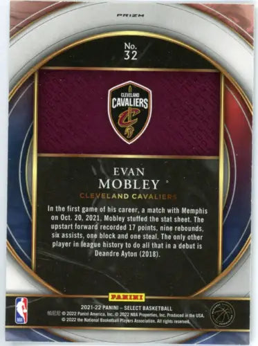 Evan Mobley 2021-22 Select Numbers Silver #32 Cleveland Cavaliers basketball card