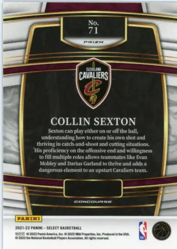 Collin Sexton 2021-22 Select Prizms Blue NBA Card featuring Cleveland Cavaliers design