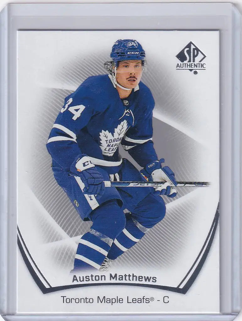 Hockey trading card of Auston Matthews Toronto Maple Leafs in blue jersey