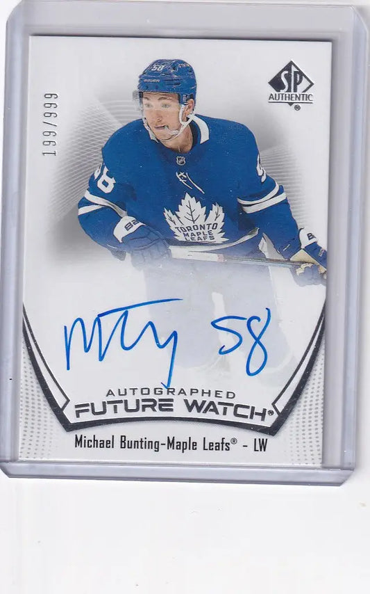 Autographed hockey trading card of Auto Michael Bunting, Toronto Maple Leafs player