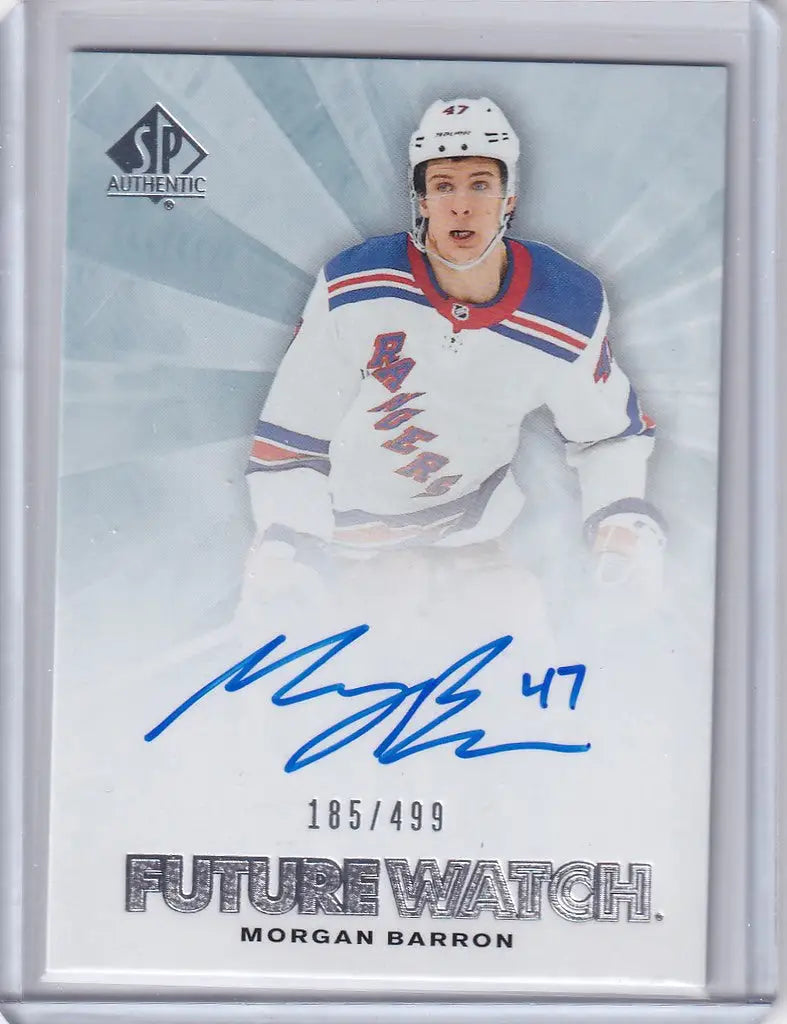 Hockey trading card of Morgan Barron in New York Rangers jersey, Authentic Future Watch Auto