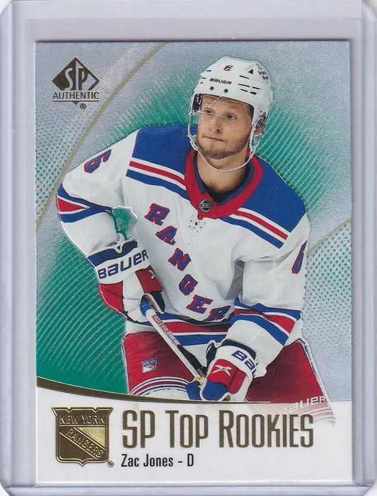 Hockey trading card of TR30 Zac Jones, New York Rangers, rookies green tr30 edition