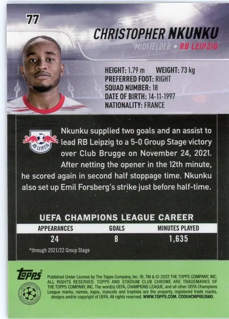 Christopher Nkunku soccer card from 2021-22 Stadium Club Chrome Champions League