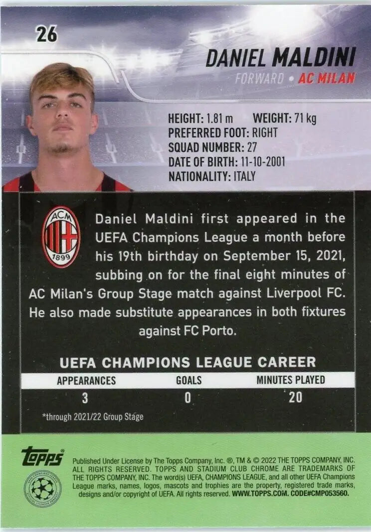 Daniel Maldini soccer card from 2021-22 Stadium Club Chrome Champions League AC Milan