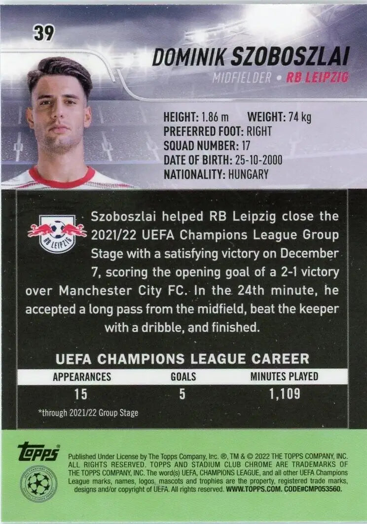 Dominik Szoboszlai trading card from 2021-22 Stadium Club Chrome Champions League