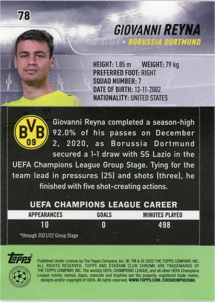 Giovanni Reyna Borussia Dortmund 2021-22 Stadium Club Chrome soccer card image