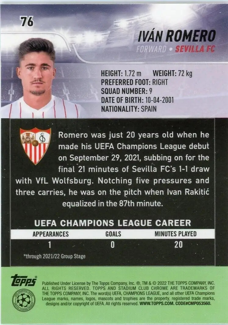 Ivan Romero rookie soccer card from 2021-22 Stadium Club Chrome Champions League Sevilla FC