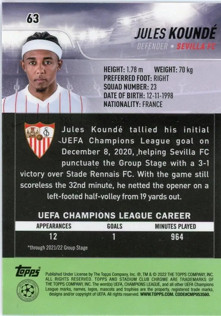 Jules Koundé Soccer Card from 2021-22 Stadium Club Chrome Champions League set