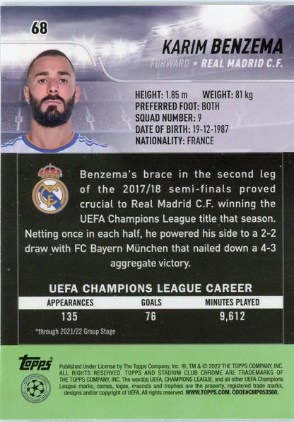 Karim Benzema trading card from 2021-22 Stadium Club Chrome Champions League collection