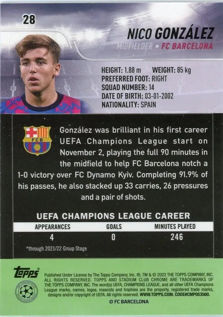 Nico Gonzalez Rookie card from 2021-22 Stadium Club Chrome Champions League FC Barcelona