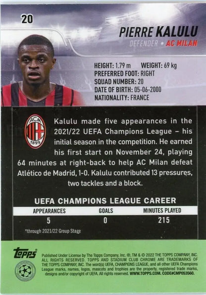 Pierre Kalulu Rookie AC Milan card from Stadium Club Chrome Champions League collection