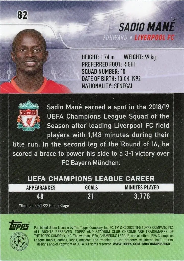 Sadio Mané soccer card from 2021-22 Stadium Club Chrome Champions League collection