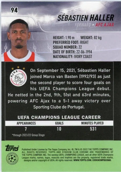 Sébastien Haller trading card from 2021-22 Stadium Club Chrome AFC Ajax Soccer collection