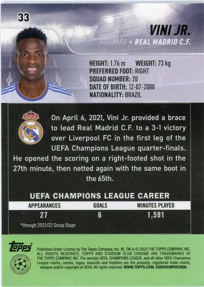 Vini Jr. soccer card from 2021-22 Stadium Club Chrome Champions League Real Madrid