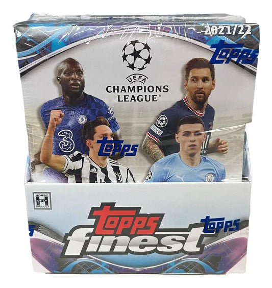 Box of Topps Finest UEFA Champions League trading cards featuring top soccer players