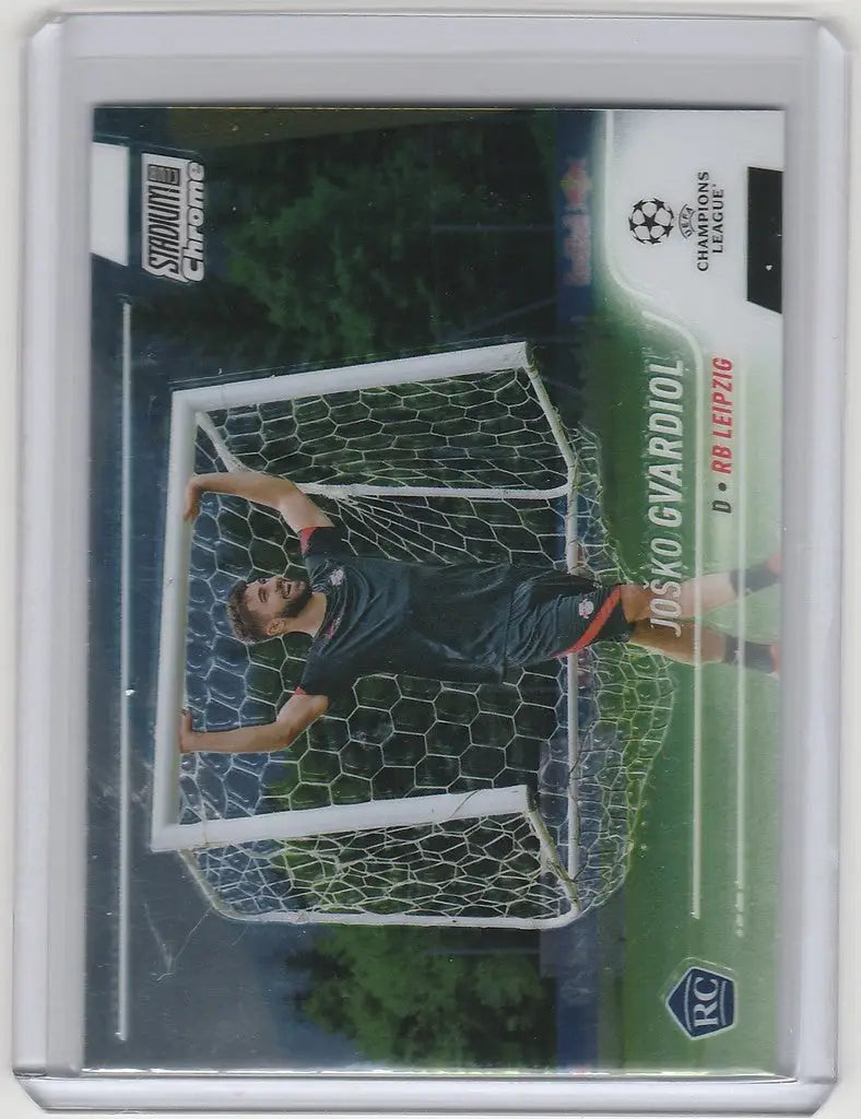 Soccer trading card of goalkeeper Josko Gvardiol saving in Topps Stadium Club Chrome