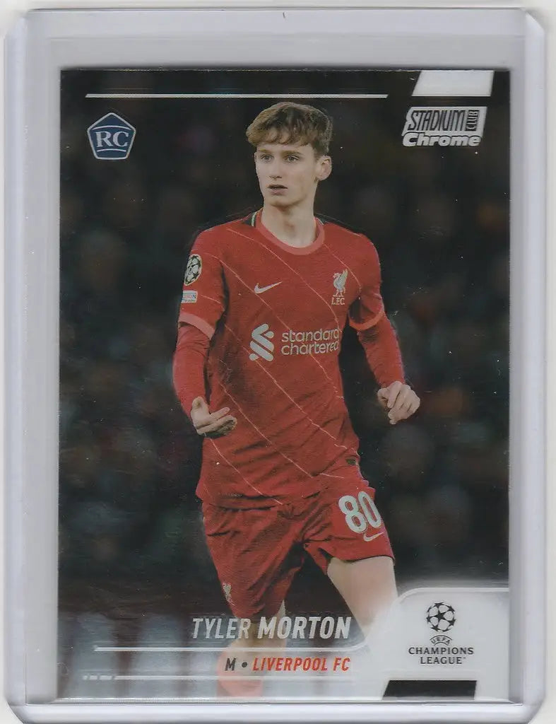 Soccer trading card of Tyler Montron in Liverpool FC uniform from Topps Stadium Club Chrome