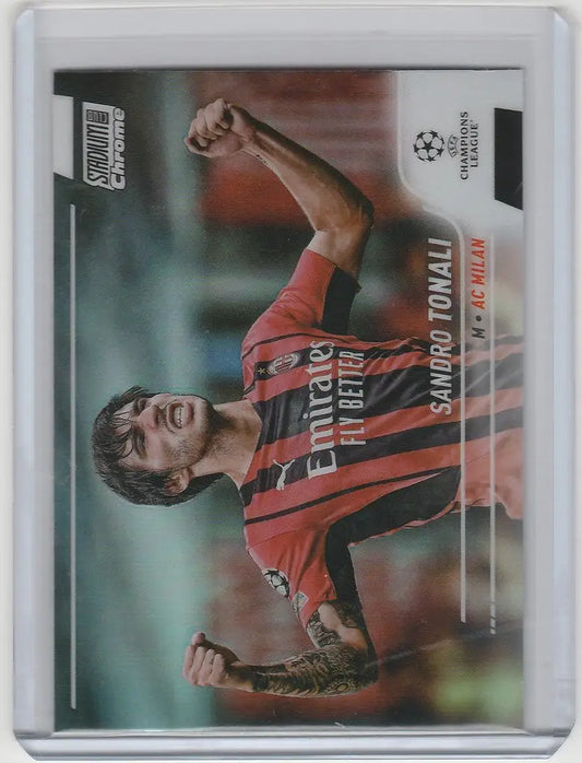 Soccer trading card of Sandro Tonali in red and black jersey from Topps Stadium Club Chrome