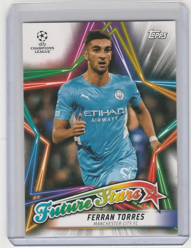 Soccer trading card of Ferran Torres Manchester City in light blue jersey with Etihad Airways