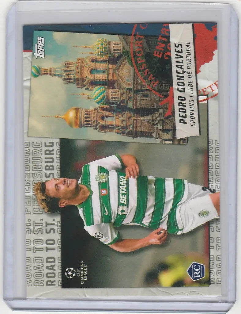 Soccer trading card of Pedro Goncalves in green and white for Sporting Clube Portugal