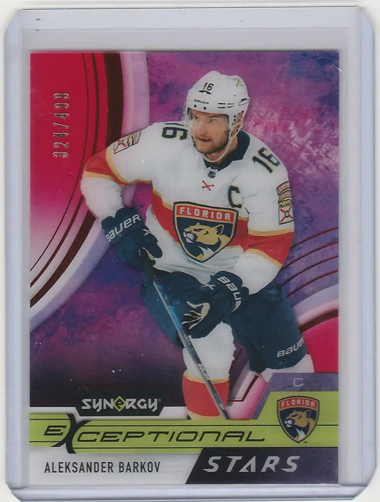 Hockey trading card of Aleksander Barkov Panthers in white jersey, Synergy Exceptional Stars